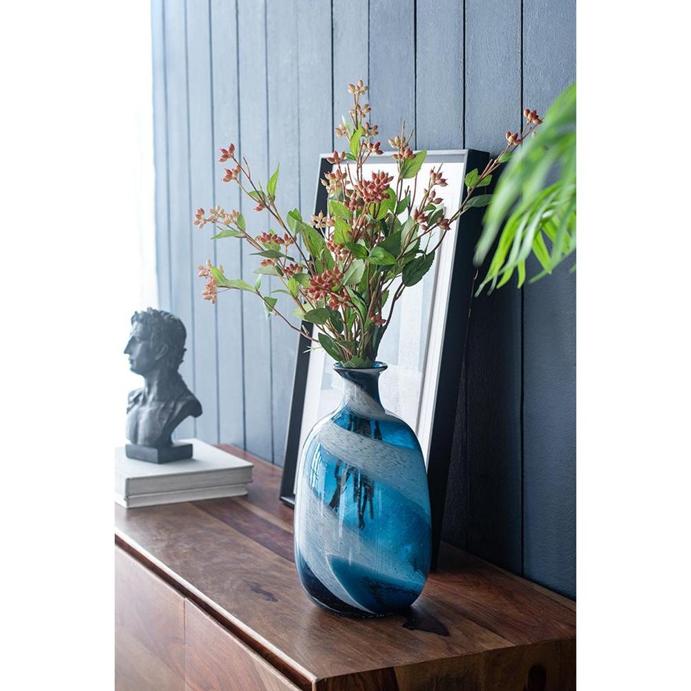 13" Blue And White Striped Swirl Art Glass Table Vase