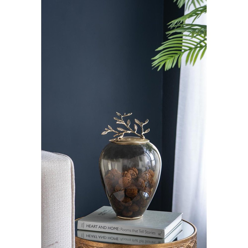 14" Dark Green And Gold Glass And Metal Round Ginger Jar