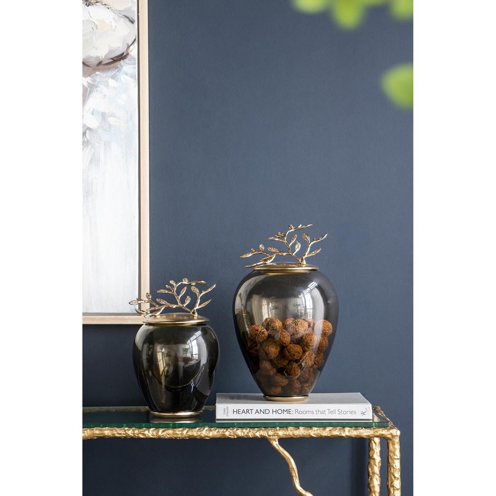 14" Dark Green And Gold Glass And Metal Round Ginger Jar