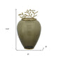 14" Dark Green And Gold Glass And Metal Round Ginger Jar