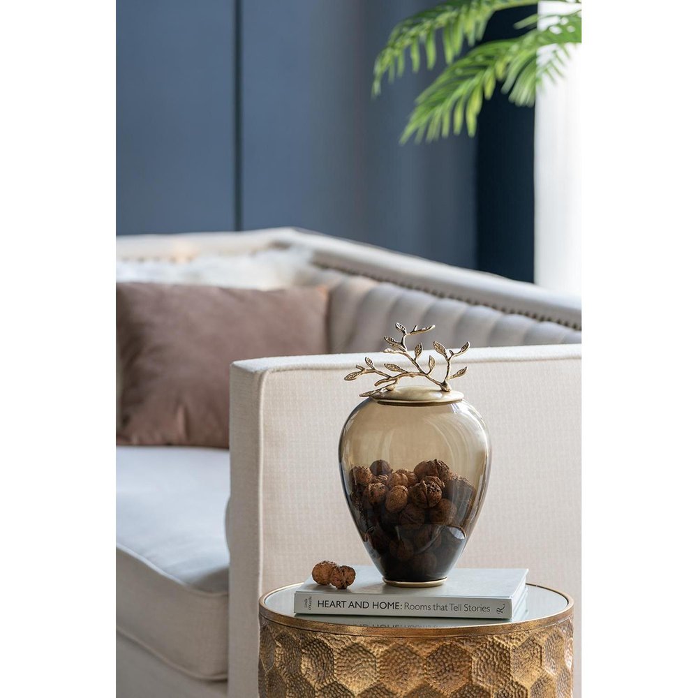 14" Dark Green And Gold Glass And Metal Round Ginger Jar