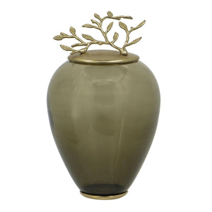 14" Dark Green And Gold Glass And Metal Round Ginger Jar