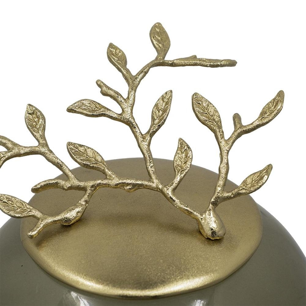 14" Dark Green And Gold Glass And Metal Round Ginger Jar