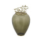 14" Dark Green And Gold Glass And Metal Round Ginger Jar