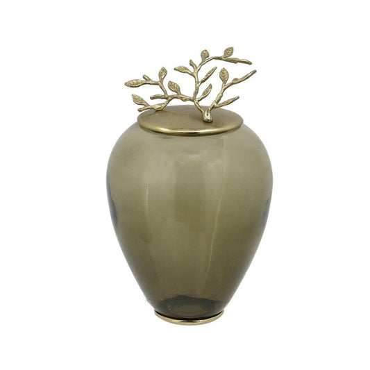 14" Dark Green And Gold Glass And Metal Round Ginger Jar