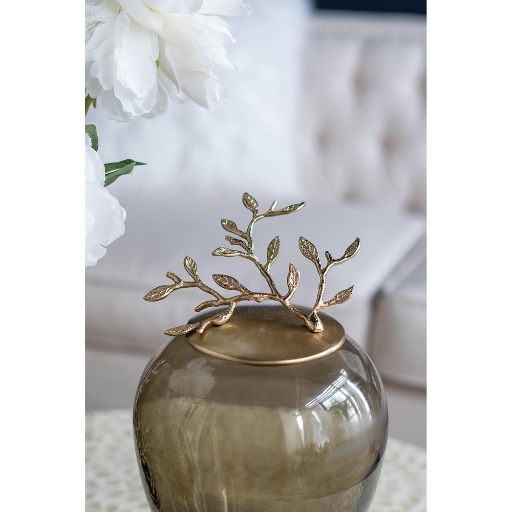 14" Dark Green And Gold Glass And Metal Round Ginger Jar