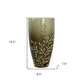 15" Dark Olive Green And Gold Branch Patterned Glass And Aluminum Table Vase