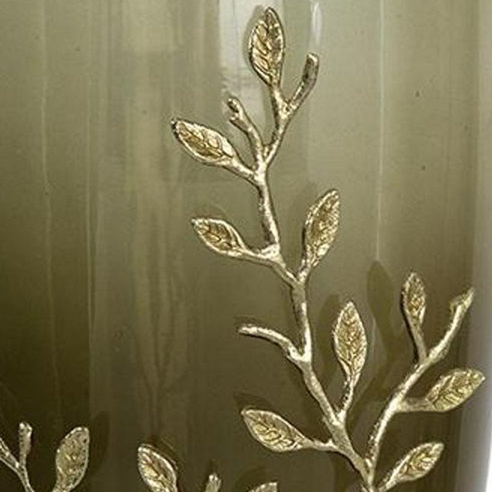 15" Dark Olive Green And Gold Branch Patterned Glass And Aluminum Table Vase