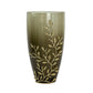 15" Dark Olive Green And Gold Branch Patterned Glass And Aluminum Table Vase