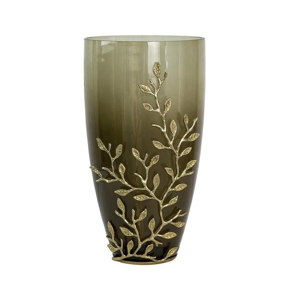 15" Dark Olive Green And Gold Branch Patterned Glass And Aluminum Table Vase