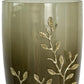 15" Dark Olive Green And Gold Branch Patterned Glass And Aluminum Table Vase