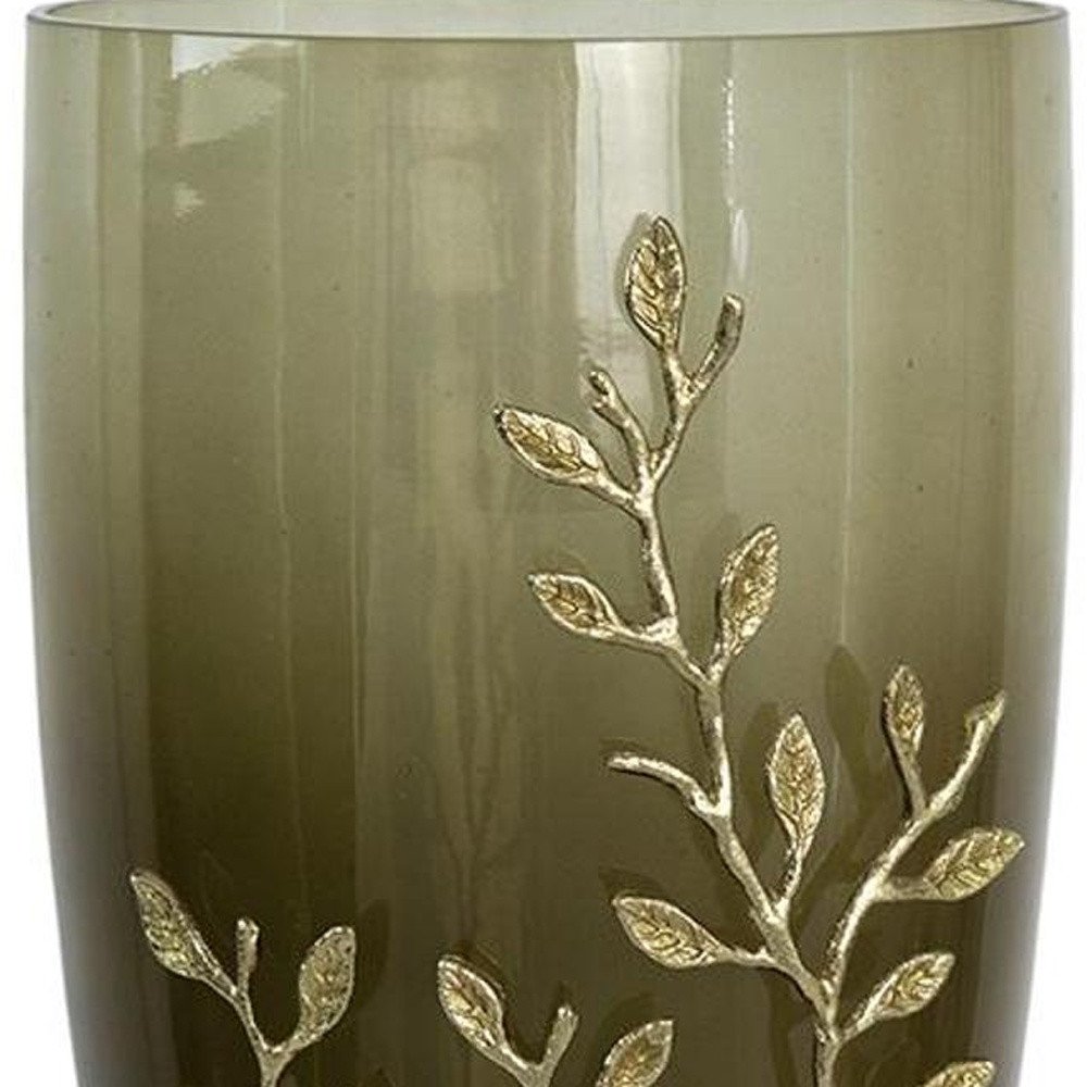15" Dark Olive Green And Gold Branch Patterned Glass And Aluminum Table Vase