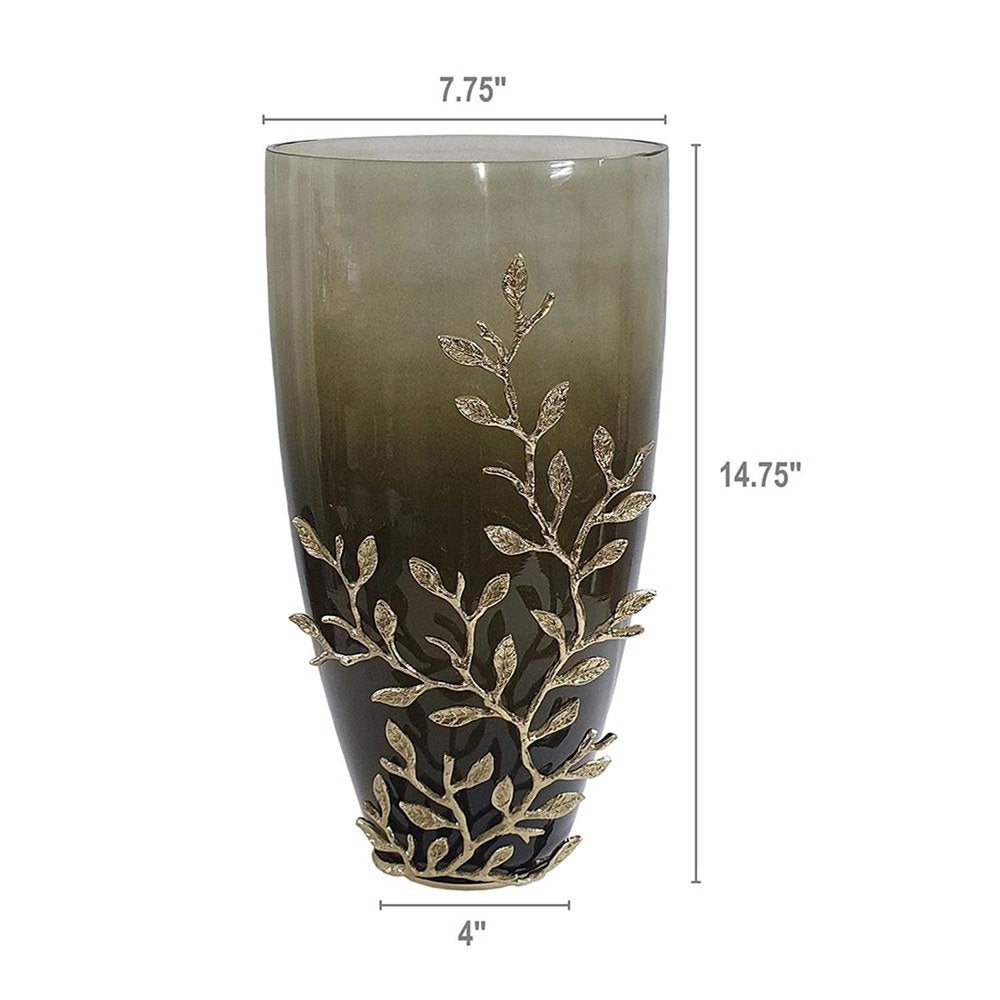 15" Dark Olive Green And Gold Branch Patterned Glass And Aluminum Table Vase