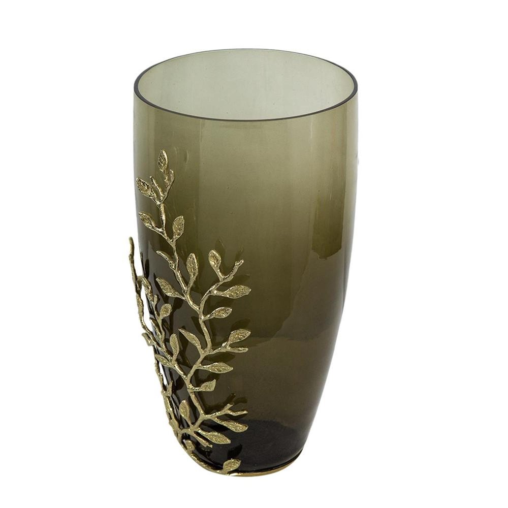 15" Dark Olive Green And Gold Branch Patterned Glass And Aluminum Table Vase