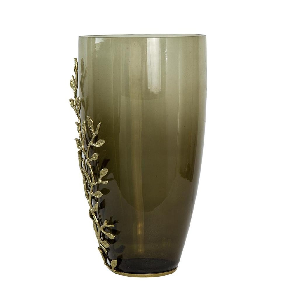 15" Dark Olive Green And Gold Branch Patterned Glass And Aluminum Table Vase