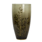 15" Dark Olive Green And Gold Branch Patterned Glass And Aluminum Table Vase