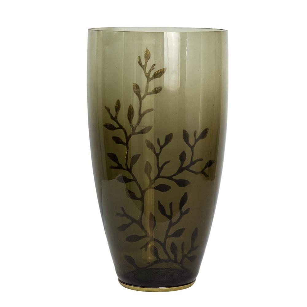 15" Dark Olive Green And Gold Branch Patterned Glass And Aluminum Table Vase