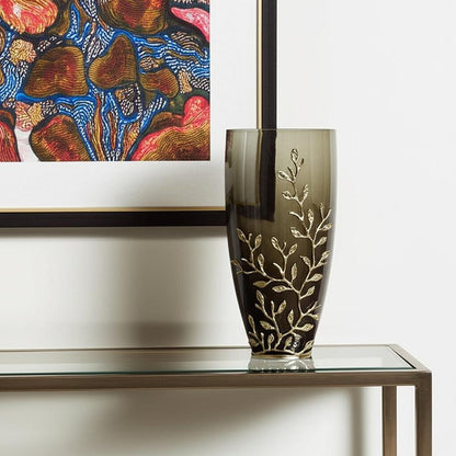 15" Dark Olive Green And Gold Branch Patterned Glass And Aluminum Table Vase