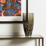 15" Dark Olive Green And Gold Branch Patterned Glass And Aluminum Table Vase