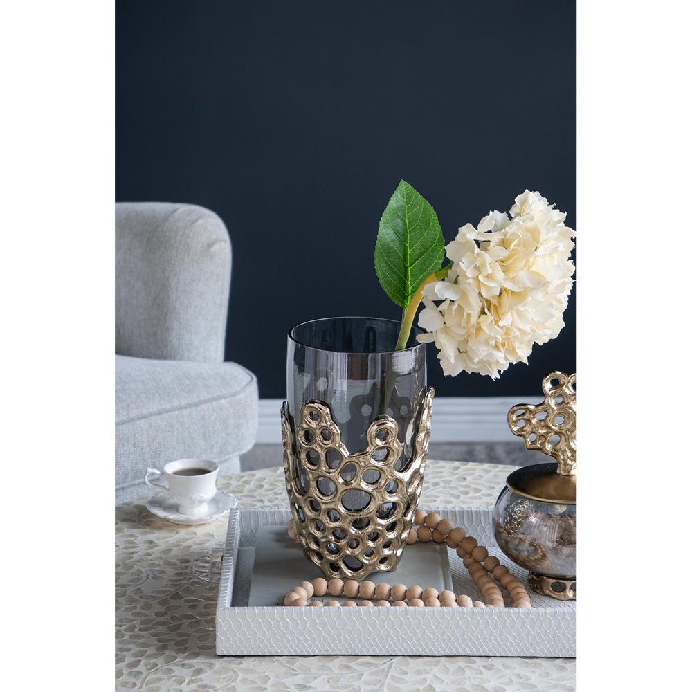 11" Black And Gold Glass And Aluminum Geo Circles Table Vase