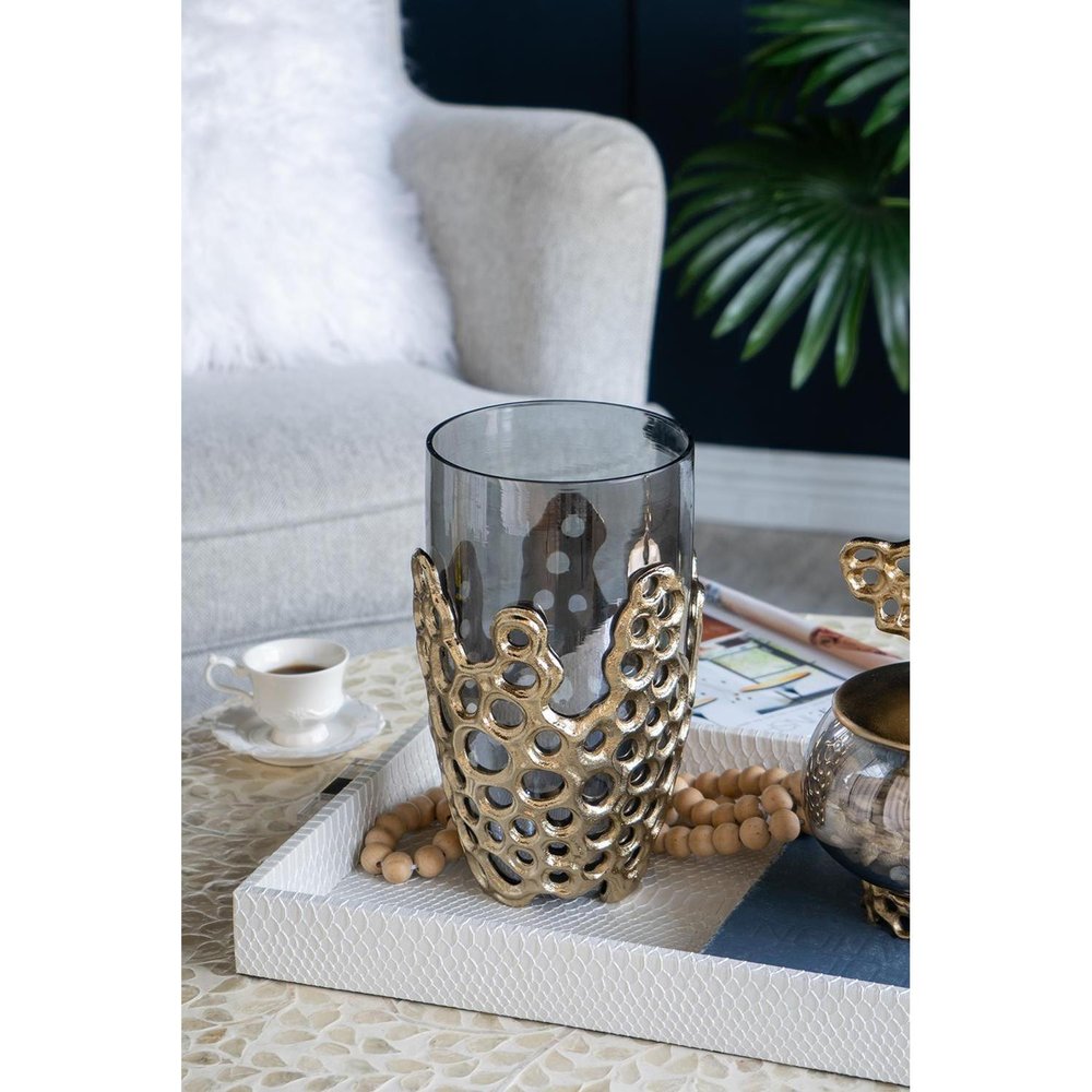 11" Black And Gold Glass And Aluminum Geo Circles Table Vase