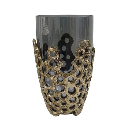 11" Black And Gold Glass And Aluminum Geo Circles Table Vase