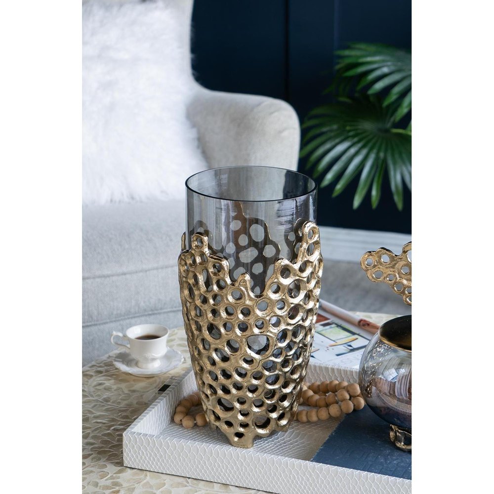 15" Black And Gold Aluminum And Glass Cylinder Table Vase