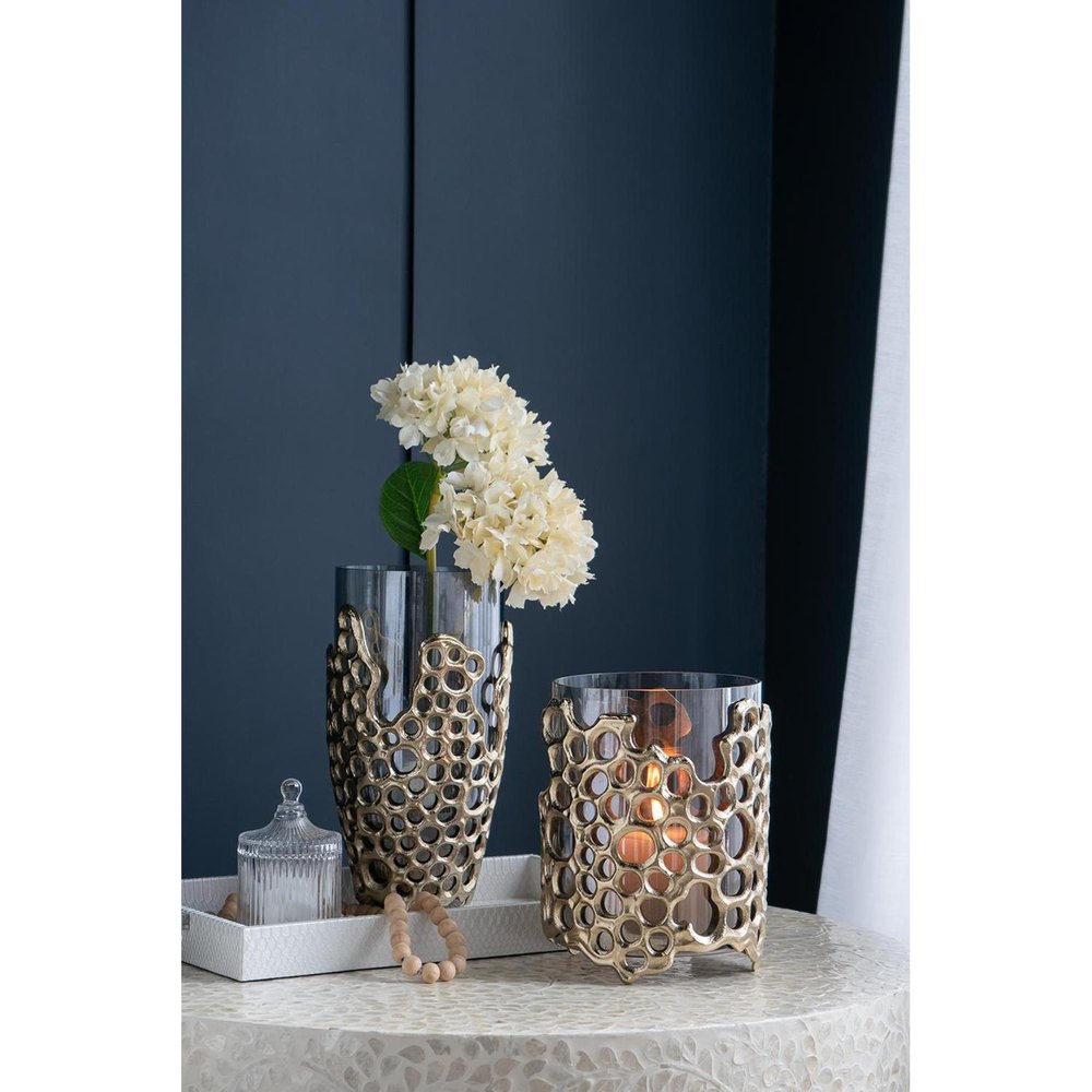 15" Black And Gold Aluminum And Glass Cylinder Table Vase