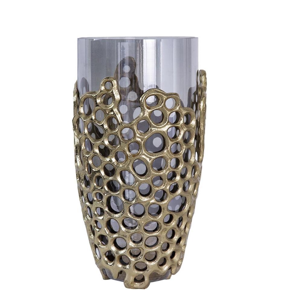 15" Black And Gold Aluminum And Glass Cylinder Table Vase