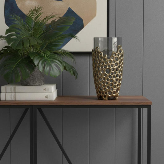 15" Black And Gold Aluminum And Glass Cylinder Table Vase