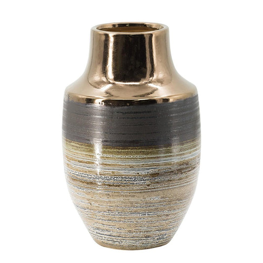 11" Brown And Bronze Striped Ceramic Round Table Vase