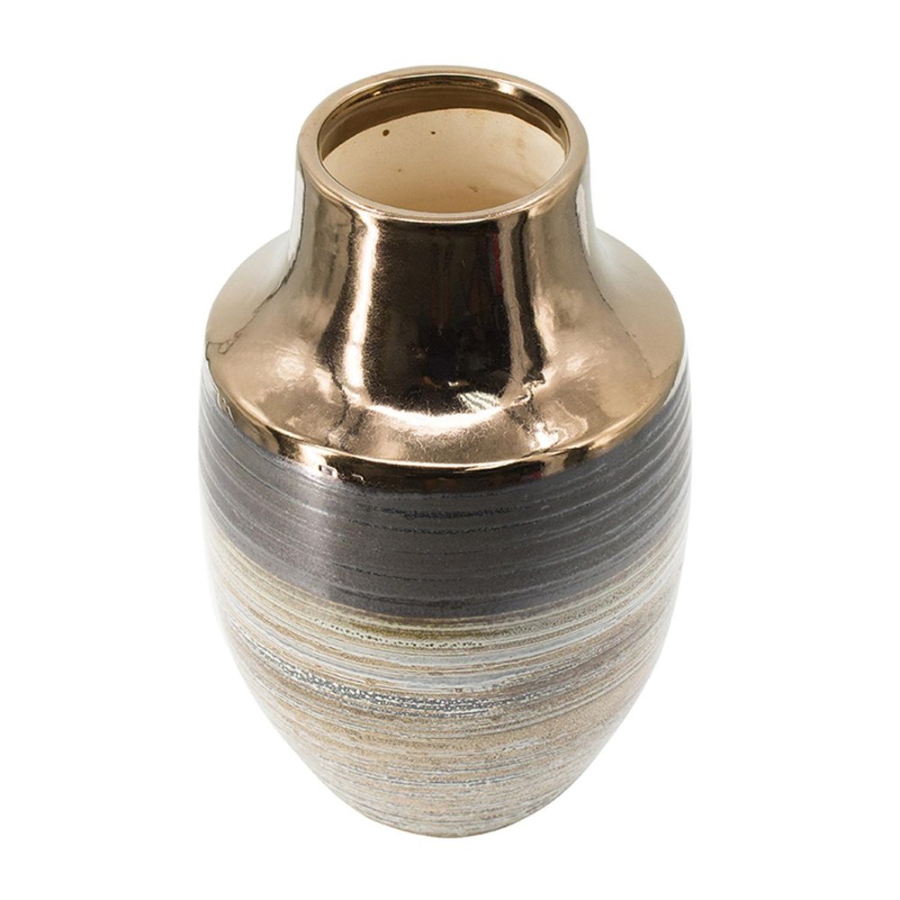 11" Brown and Bronze Striped Round Ceramic Table Vase With Does Not Apply