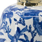 11" Blue White And Gold Chinoiserie Floral Porcelain Table Vase