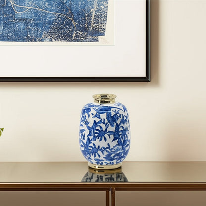 11" Blue White And Gold Chinoiserie Floral Porcelain Table Vase