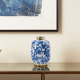 11" Blue White And Gold Chinoiserie Floral Porcelain Table Vase