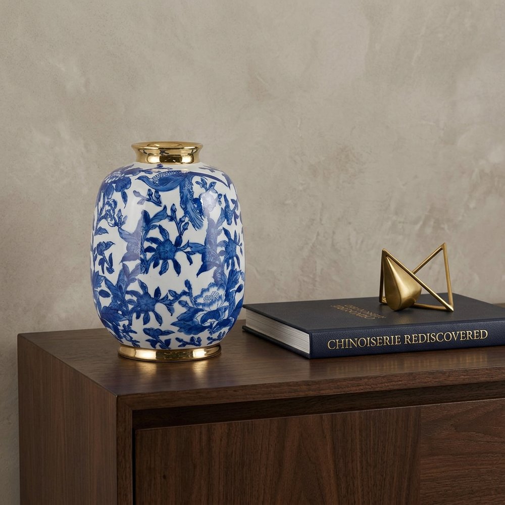11" Blue White And Gold Chinoiserie Floral Porcelain Table Vase