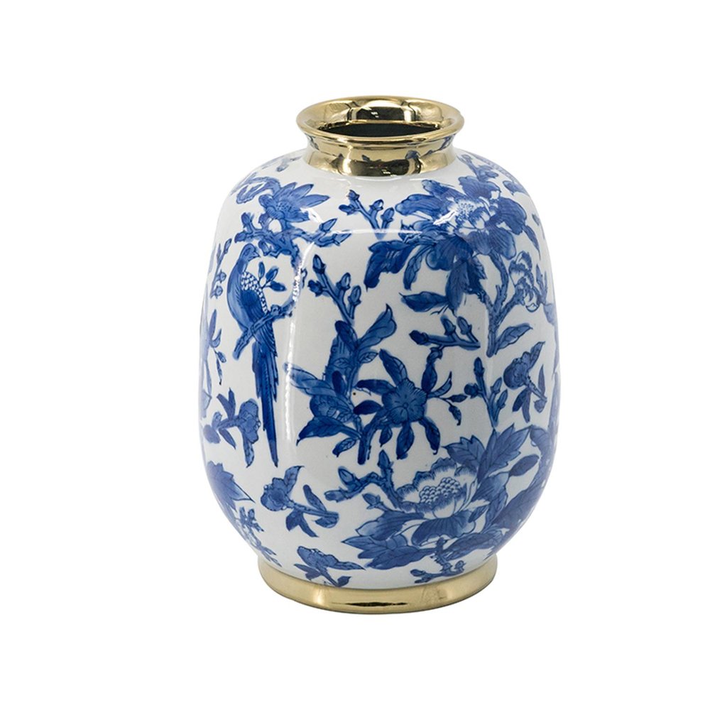 11" Blue White And Gold Chinoiserie Floral Porcelain Table Vase
