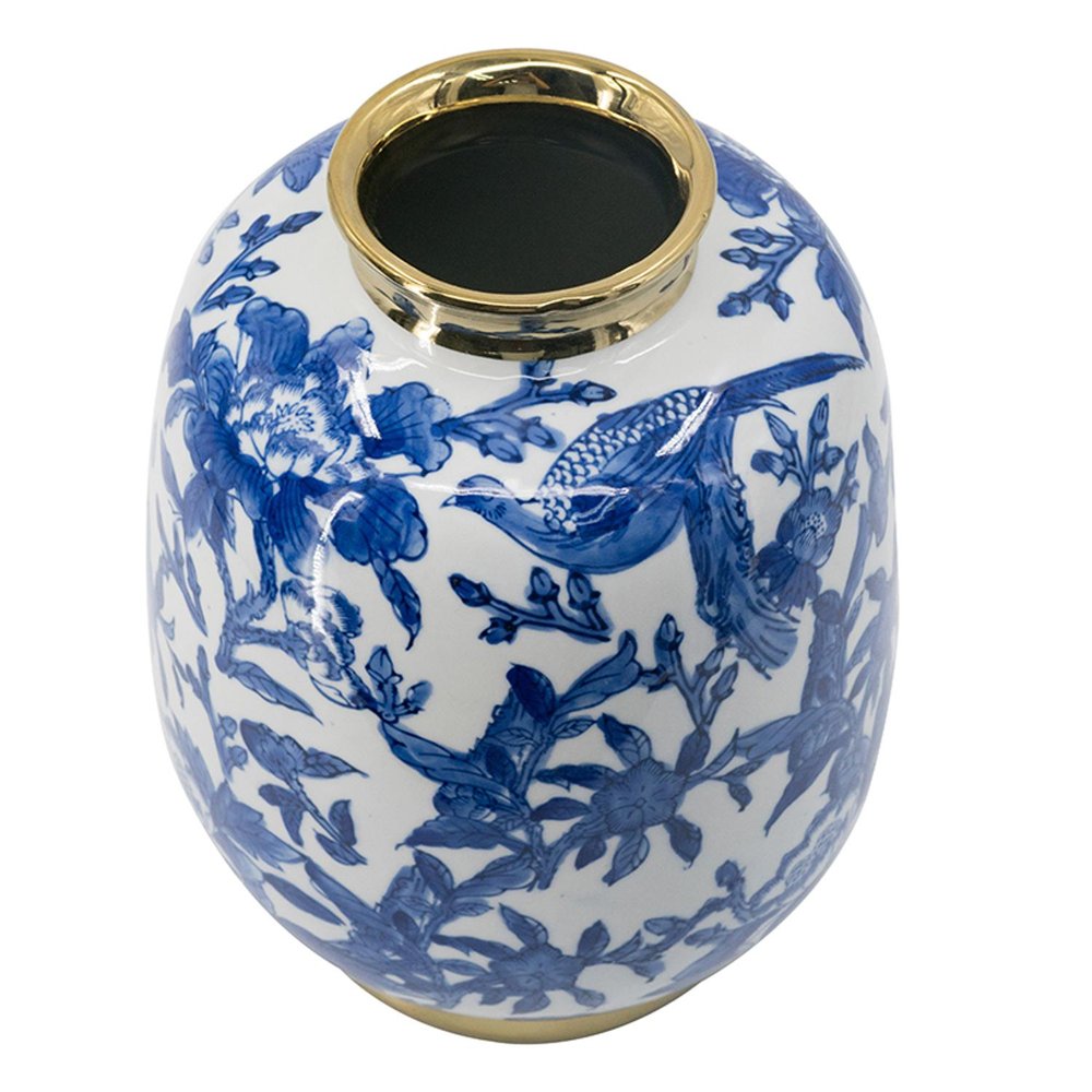 11" Blue White And Gold Chinoiserie Floral Porcelain Table Vase