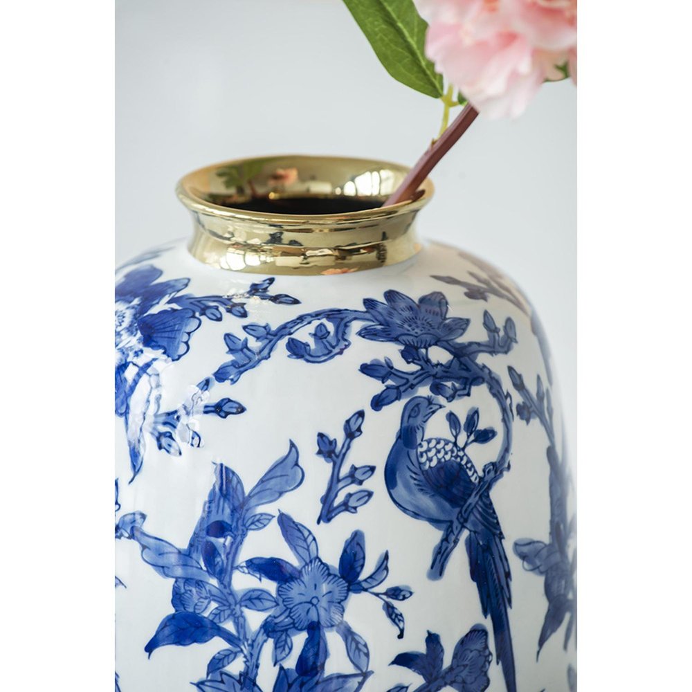 11" Blue White And Gold Chinoiserie Floral Porcelain Table Vase