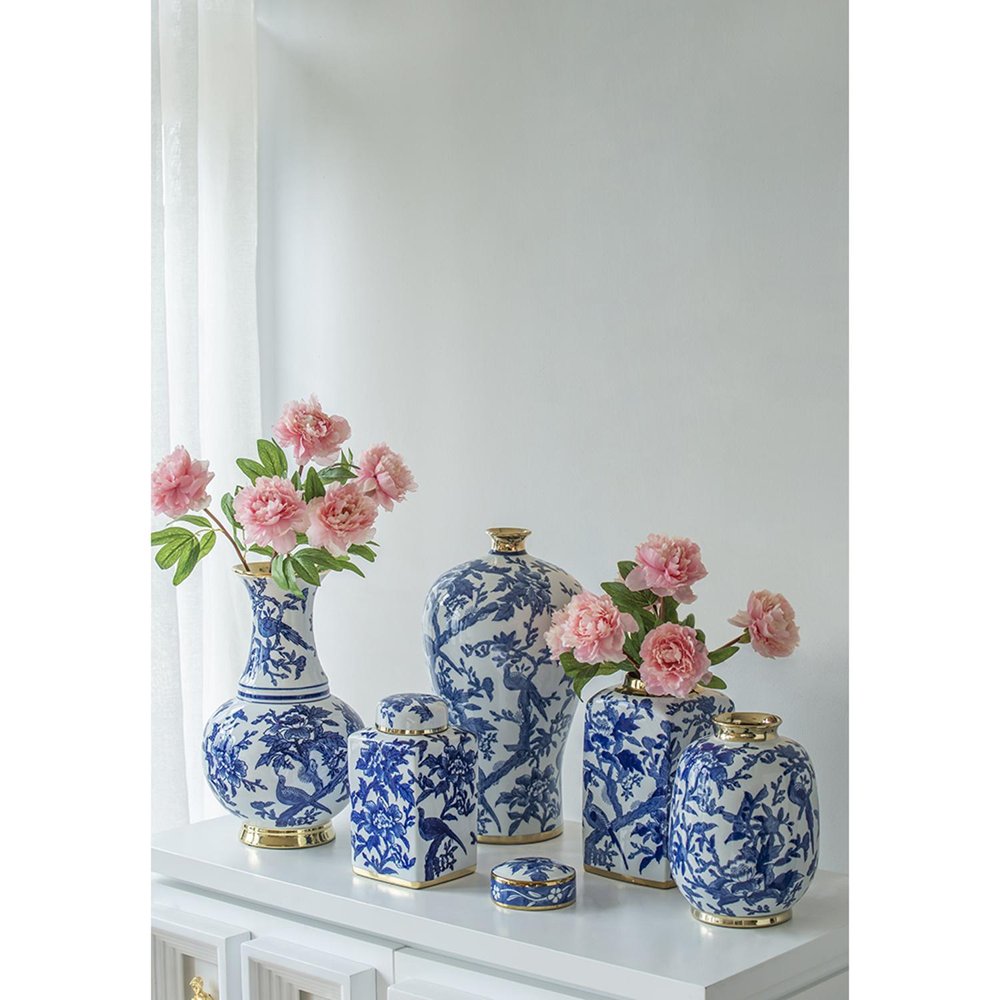 11" Blue White And Gold Chinoiserie Floral Porcelain Table Vase