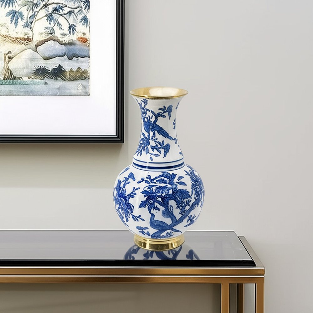16" Blue White And Gold Chinoiserie Floral Porcelain Table Vase