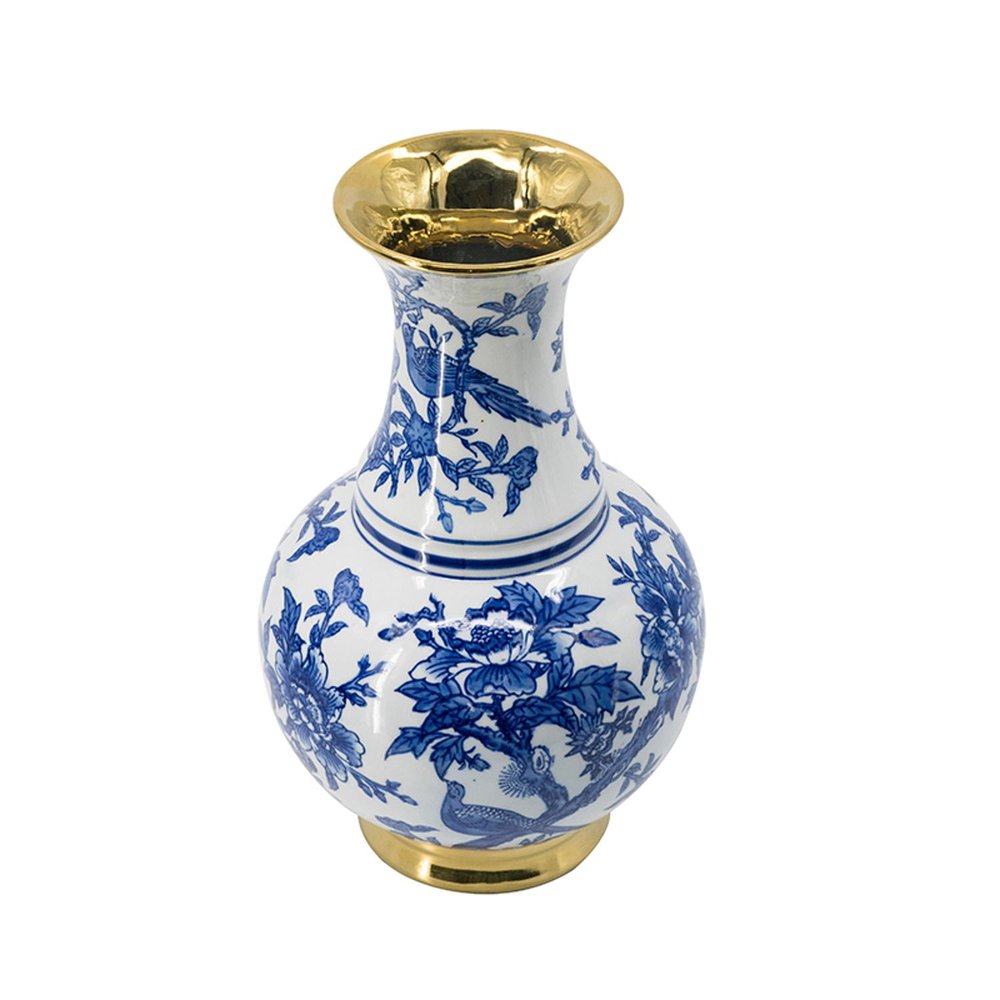 16" Blue White And Gold Chinoiserie Floral Porcelain Table Vase
