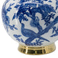 16" Blue White And Gold Chinoiserie Floral Porcelain Table Vase