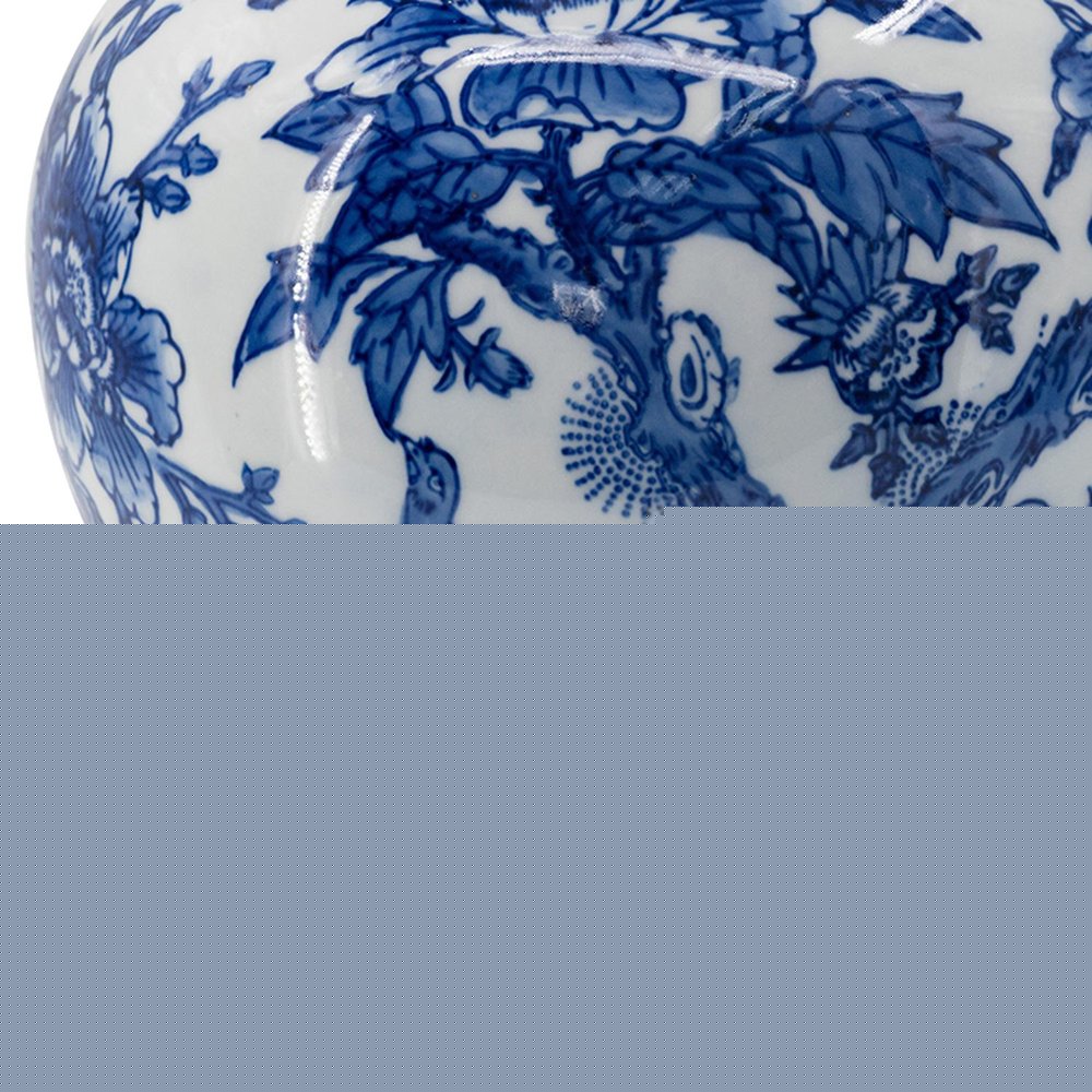 16" Blue White And Gold Chinoiserie Floral Porcelain Table Vase