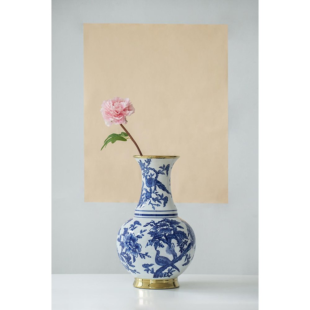 16" Blue White And Gold Chinoiserie Floral Porcelain Table Vase