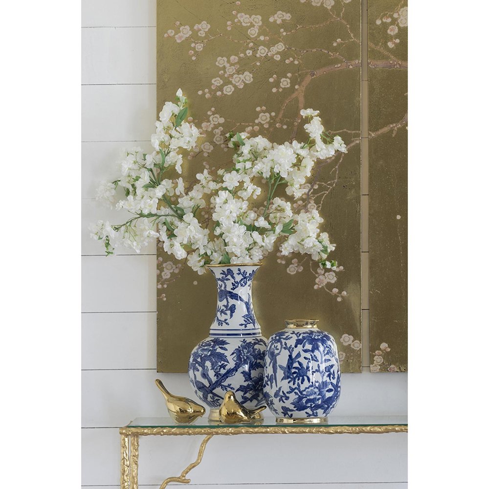16" Blue White And Gold Chinoiserie Floral Porcelain Table Vase