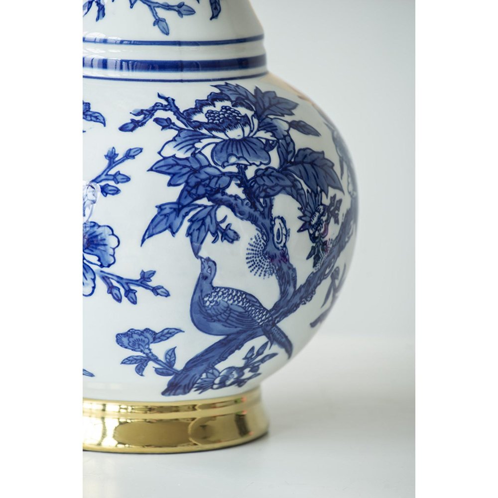 16" Blue White And Gold Chinoiserie Floral Porcelain Table Vase
