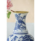 16" Blue White And Gold Chinoiserie Floral Porcelain Table Vase