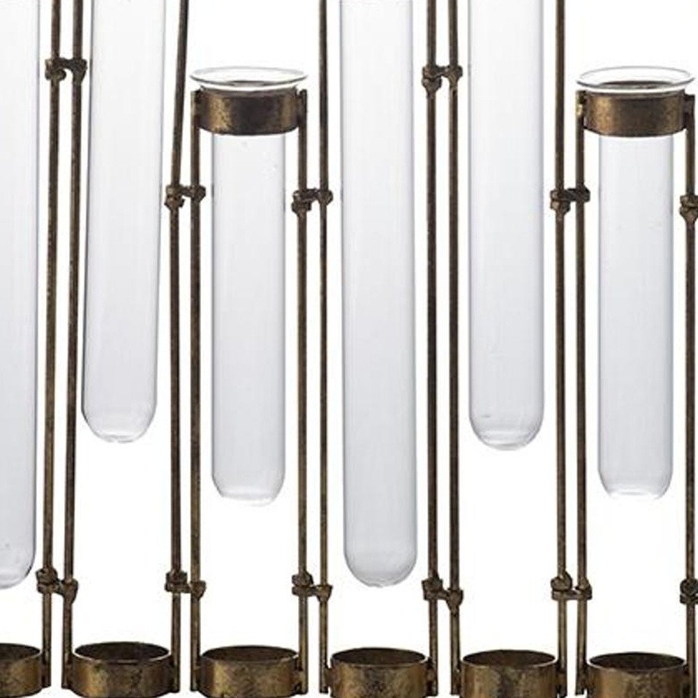 17" Bronze And Clear Enameled Cast Iron And Glass Nine Bloom Table Vase