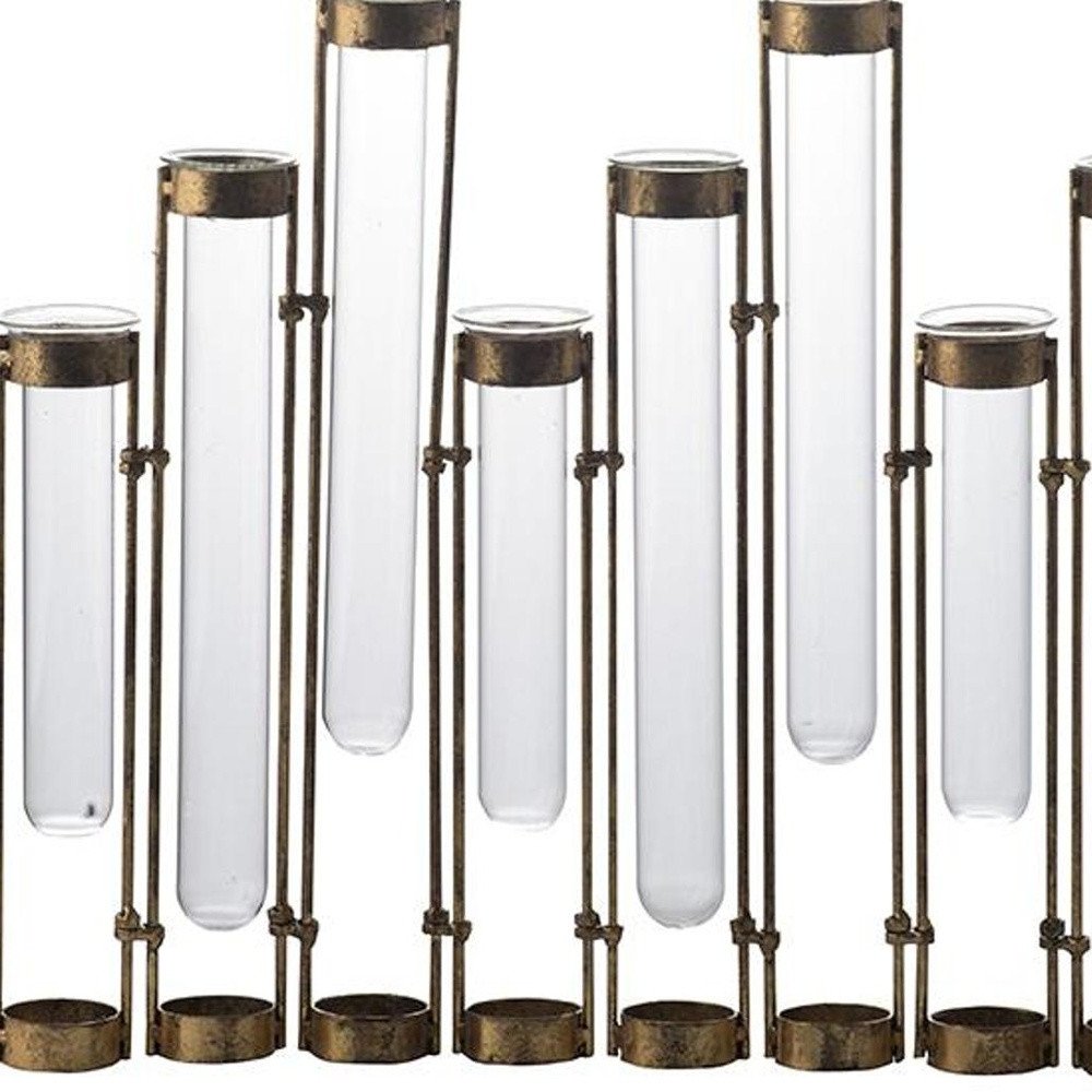 17" Bronze And Clear Enameled Cast Iron And Glass Nine Bloom Table Vase